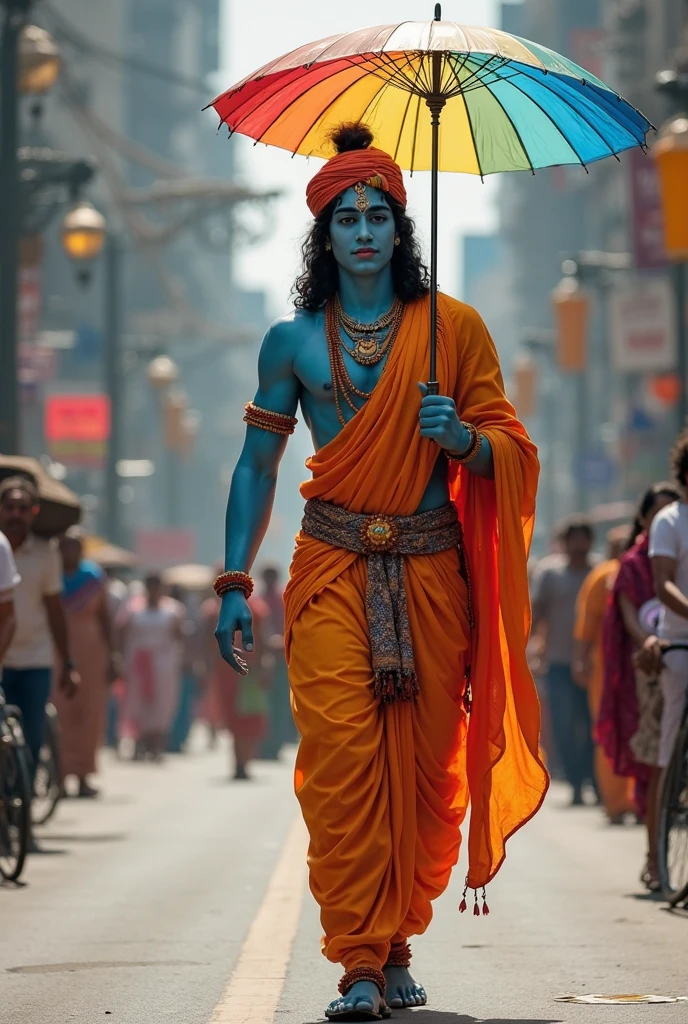 Imagine Shri Krishna , the revered Hindu deity, strolling down a bustling road. He holds a colorful umbrella in his hand, which contrasts with his traditional attire and the lively urban backdrop. The scene blends the divine with the everyday, showcasing Ganesh Ji’s serene presence amidst the modern world.”