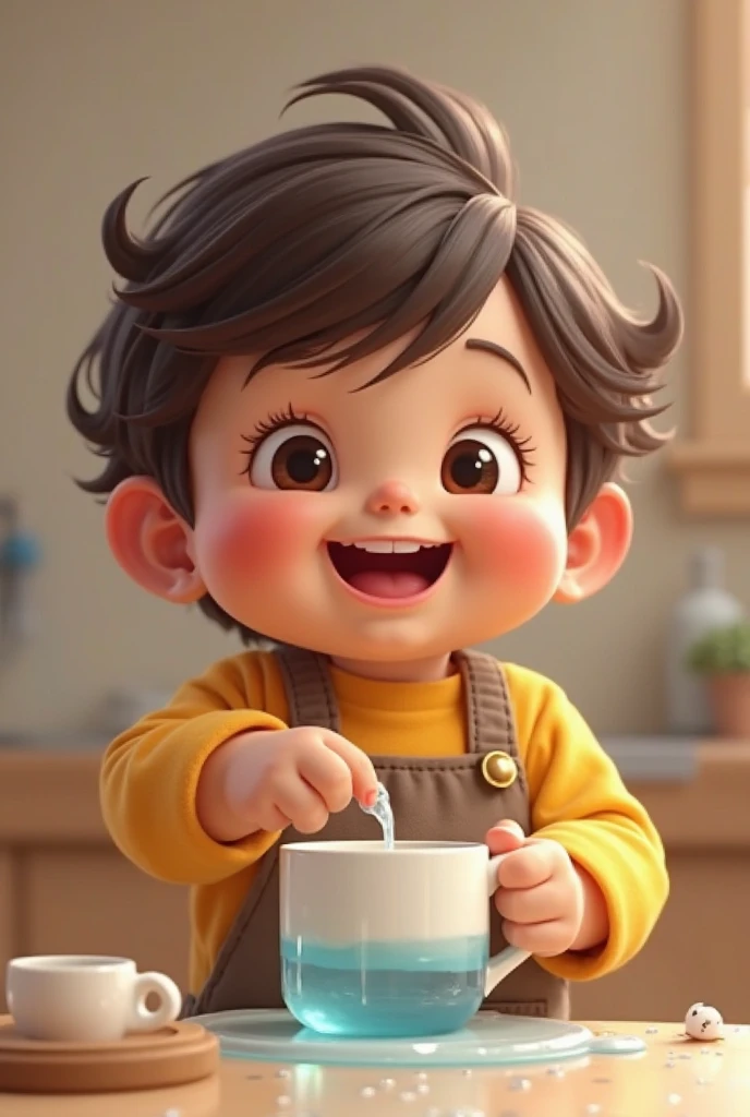A little black-haired white boy, with a big smile on his face, holds a glass of milk with both hands. Her cheeks are flushed with happiness and her eyes sparkle with joy.. is sitting in a chair, with a colorful t-shirt and a glass of milk near his mouth. The atmosphere around you is cheerful and welcoming., reflecting the enjoyment of the moment.