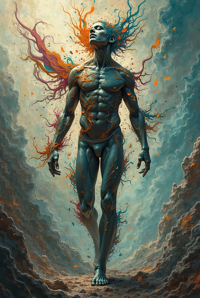 Abstract painting of a black marble statue floating through a rainbow glob of space goo. cosmic swirls of magical background. Painterly.