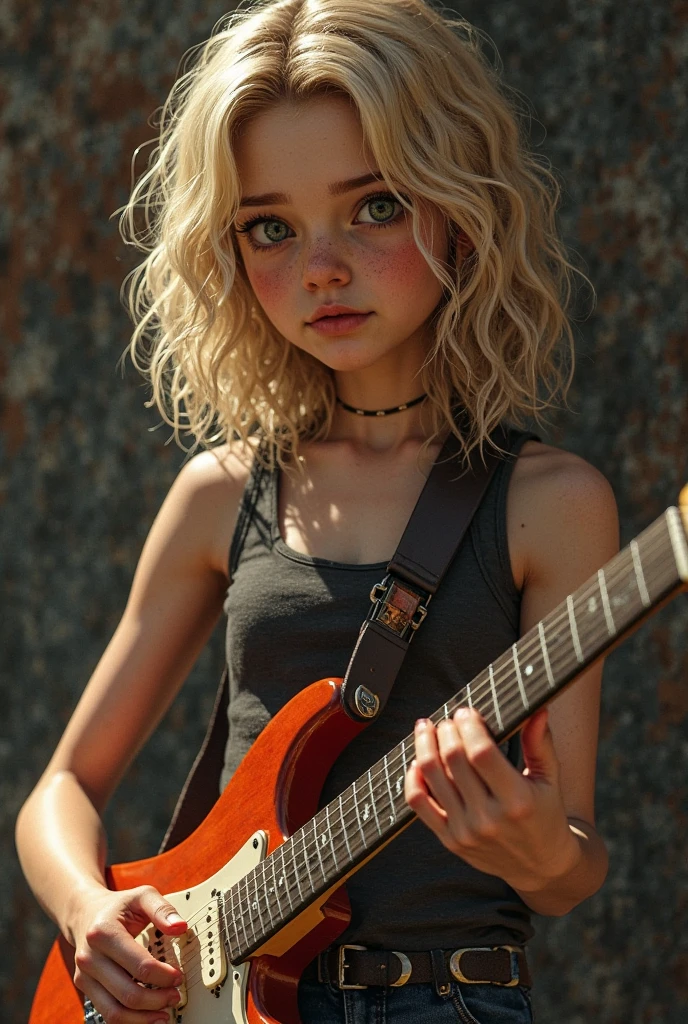 GIRL BLONDE CHILD LONG HAIR AND BIG STRAIGHT, WITH LEATHER JACKET , PORTRAIT, a black electric guitar with a guitar case, amplifier and accessories, mat black metal, obsidian metal, electric guitar, evil guitars, dark metal, full product shot, kit, electric guitars, rock, futuristic electric guitar, lead guitar, guitar, black horns, rock star, black, dark tone, Black Metal Style, Intense Details, Black Crow, Vanta Black