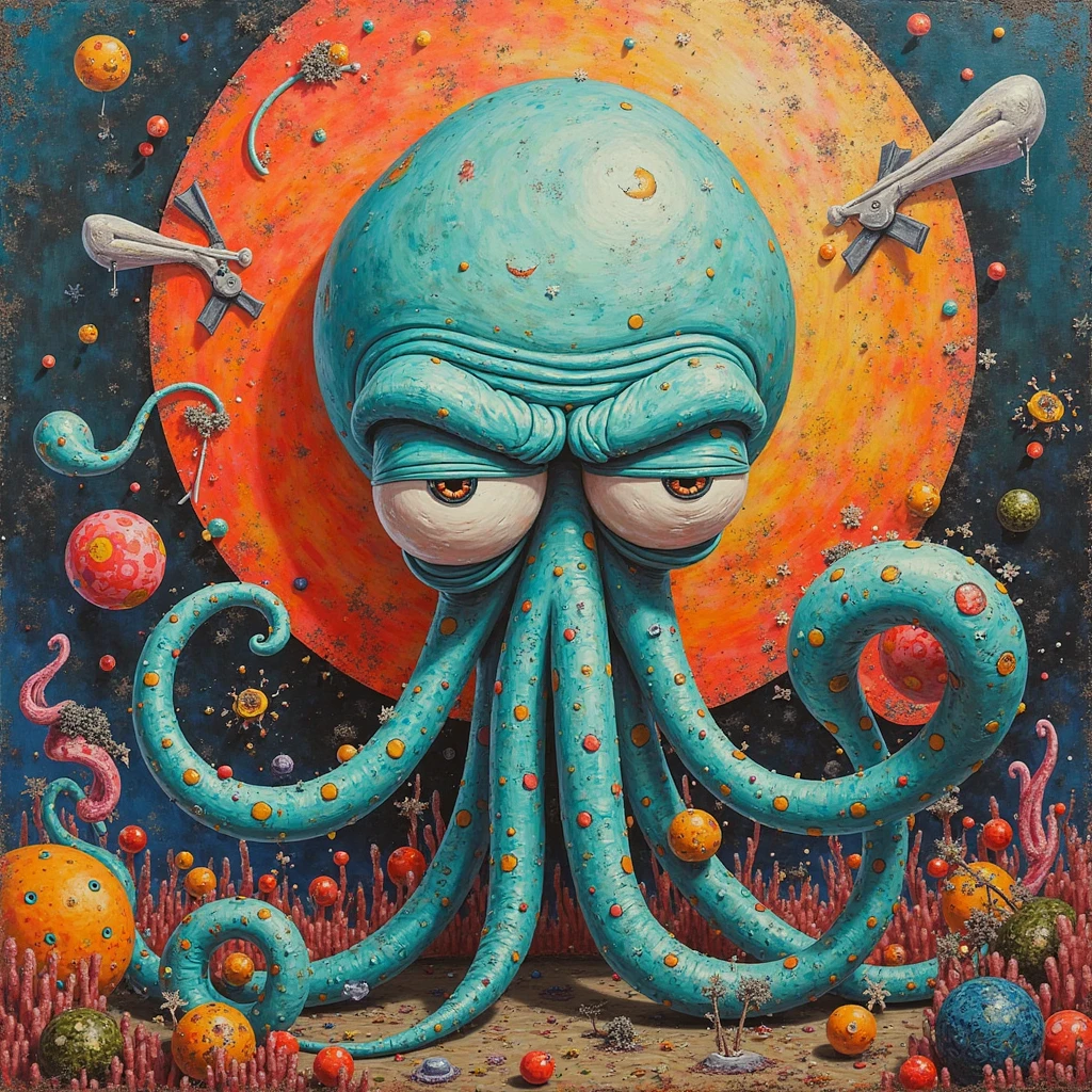 realistic surreal portrait of a person with autism, hyperrealistic oil painting, intricate details, striking visual fusion of various elements, surreal house, stars, spores, tentacles, detailed eyes, expressive face, fluid lines, strange illustration, pointillism, strong contrast, award winning artwork