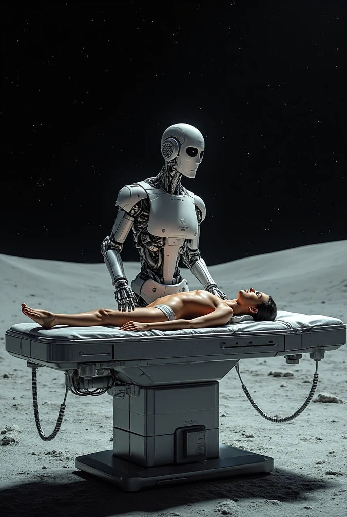 In a spaceship, A humanoid alien pulls a beautiful, sleeping, naked, young European brown-haired woman out of a cardboard box with polystyrene, has a barcode tag on his arm, Hyper-realistic image quality
