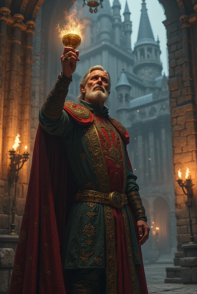 portrait of a male, dwarf, paladin, with a long, braided blond hair, blond braided beard, fantasy art, Masterpiece, best quality) blue eyes, armed in the right hand with a yellow, radiant sword, with dwarven runes on it,fantasy art, Masterpiece, best quality) holding a shield in the left hand, wearing heavy black armor with spikes, wearing orange cloak with sun sigils, with a cathedral background at dawn (fantasy art, Masterpiece, best quality)