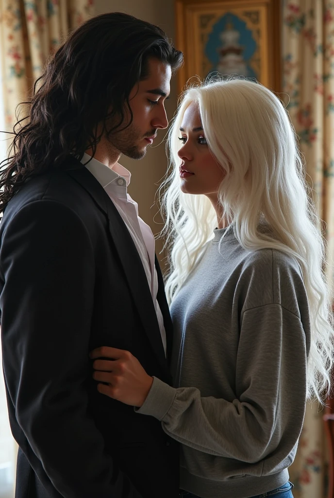 Couple, light-skinned woman with long wavy white hair and tall dark-skinned boy kissing 