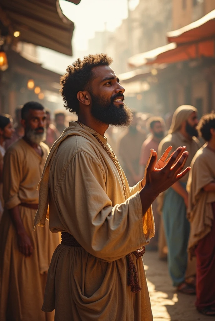 Bartimaeus Shouting for Jesus: Bartimaeus with his hands cupped around his mouth, shouting "Jesus, Son of David, have mercy on me!" while the people around him try to silence him. The surrounding crowd can be shown with expressions of surprise and disdain.