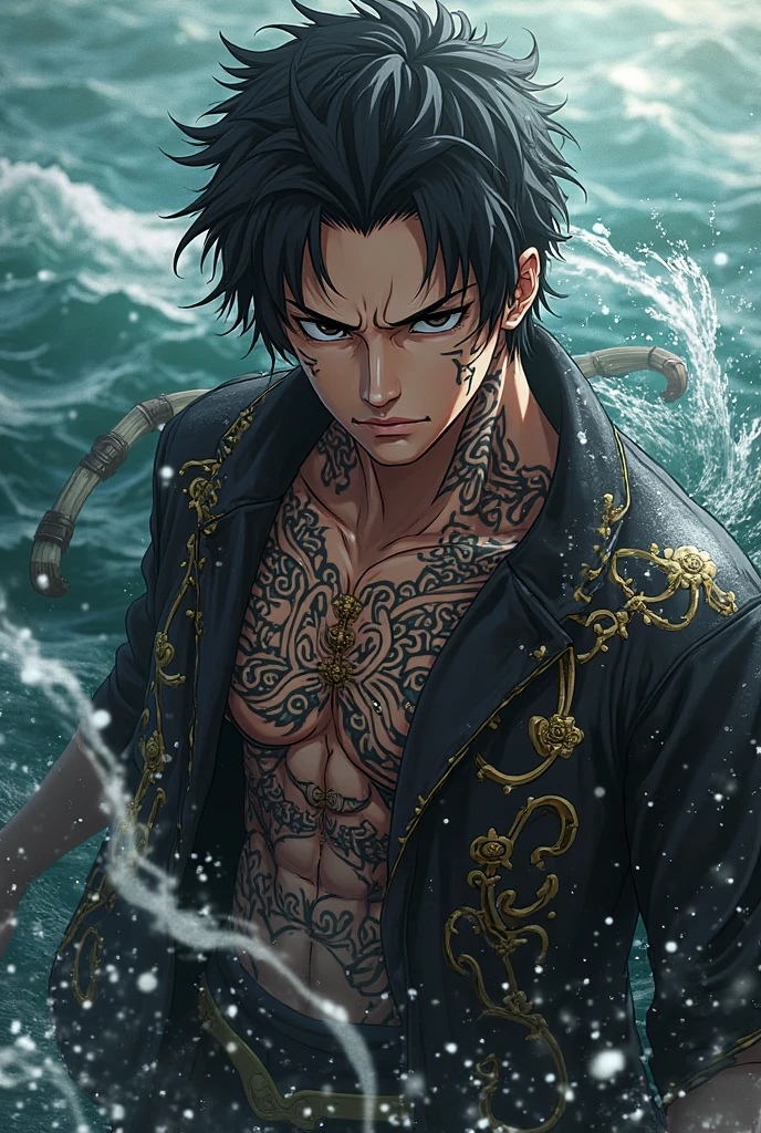 absurdres, highres, ultra detailed, HDR, masterpiece, Trafalgar D Water Law, black hair, expressive gray eyes, One Piece, black coat, solo, sexy man, handsome, water, blossoms, pink butterflies, pink flowers