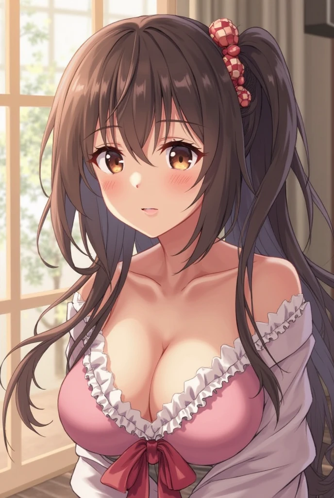 masterpiece, Highest quality, Very detailed, ,Fine details, Anime Style, One Girl, 22 years old, Cute face、bangs, Large Breasts、Big Ass、Tight waist、Dynamic Angle、from above, Walking hand in hand with viewers、front、Long Hair、Beautiful Eyes、Dark brown hair, Shiny Hair, Light brown eyes、Look at the photographer、 とってもCute face, A happy smile、blush、Cleavage、Pleated skirt, lace tops, In the fashionable streets of the city、Shallow depth of field