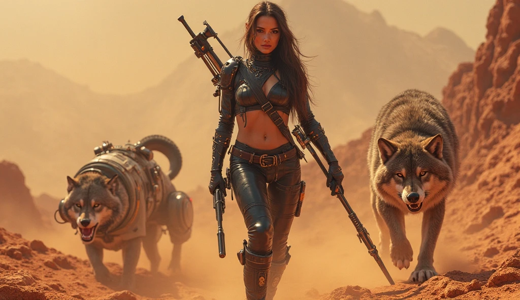 Wide angle of a full body of a beautiful warrior girl , ,big breast, with a cheetah pattern on all her skin, small fangs sticking out from her upper lip, armor adorned with golden fur on her shoulders and knees and head, she has a cheetah-like tail, her hands have claws. carring a short gun at her back , realistic, running fast in a big wide savannah, natural light, documentary photo award