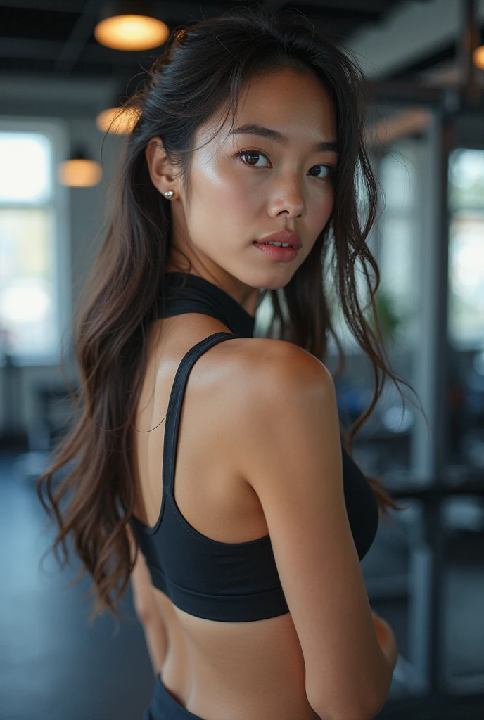 ((a tall and slender woman from japon sitting on a small stool in the hotel room)), ((black hair braided into two braids)), ((big brown eyes)), (black tank top), (black hot pants), extremely detailed, 8yk, raw photo, high level of detail, (ray tracing), (masterpiece), (best quality), high-resolution, (realistic: 1.4), physically based representation, ultra-realistic, full body, natural light, double eyelids, ((detailed realistic face and eyes)), cinematic lighting, 8K resolution, (model shooting style), ((small round breasts)), (natural skin texture), ((cameltoe)), ((distinct camel toe))
