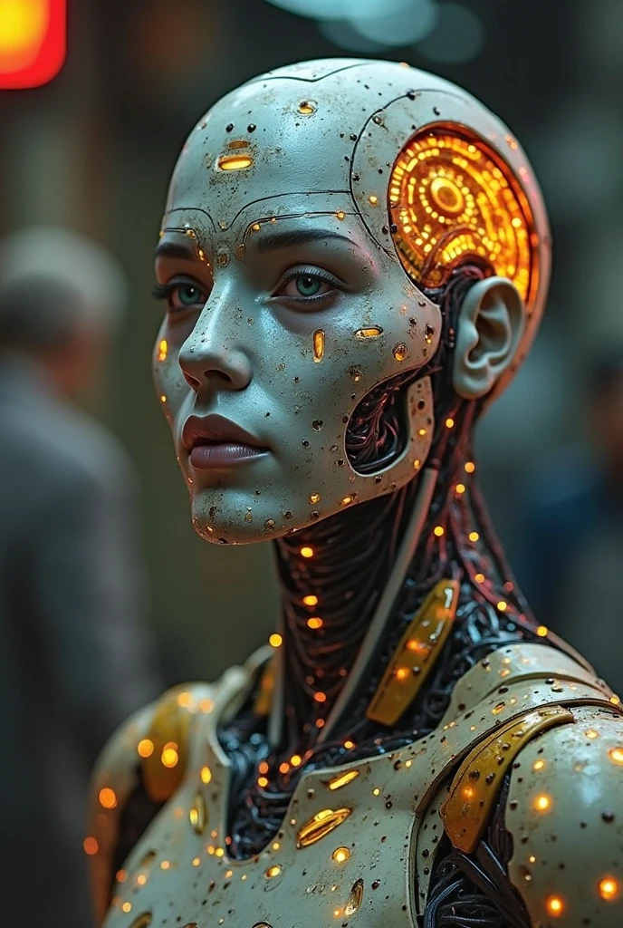 extreme close-up of a feminine (sprite:1.3) robot with the face designed by avant-garde nordstrom, ultra details in every body part in tangerine colored matt inspired by Snowy Owl, rich illuminated electro-mechanical and electronics computer parts circuit boards and wires can be seen beneath the skin, cybernetic eyes, rich textures including degradation, Tamiya model package, (stands in a dynamic action pose:1.25) and looks at the camera 8k, dark and gritty atmosphere, lantern glow, taken with standard lens
