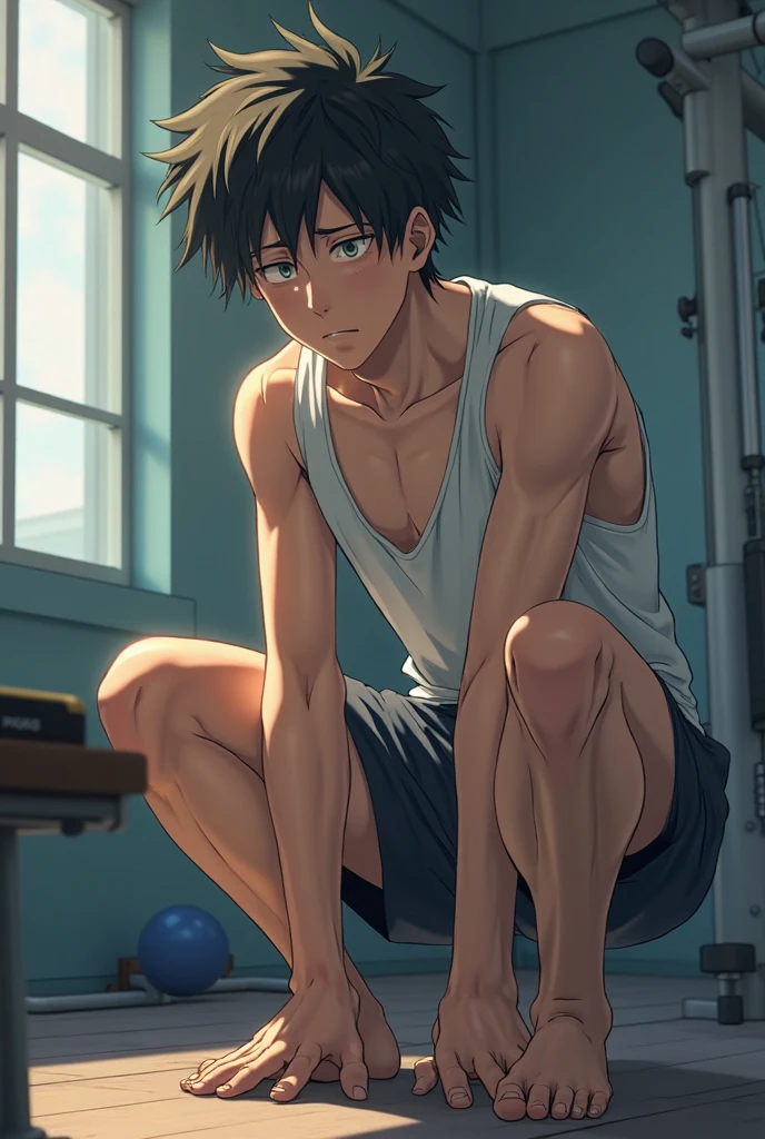 shirtless, super muscular, sweat-drenched body, dripping with sweat, 22-year old short black hair handsome caucasian male wearing sweat-drenched white basketball shorts and rubber shoes, panting, very exhausted, drenched with sweat, sweating profusely, shirtless, sitting on the bench, bottled water, towel, in the locker room
