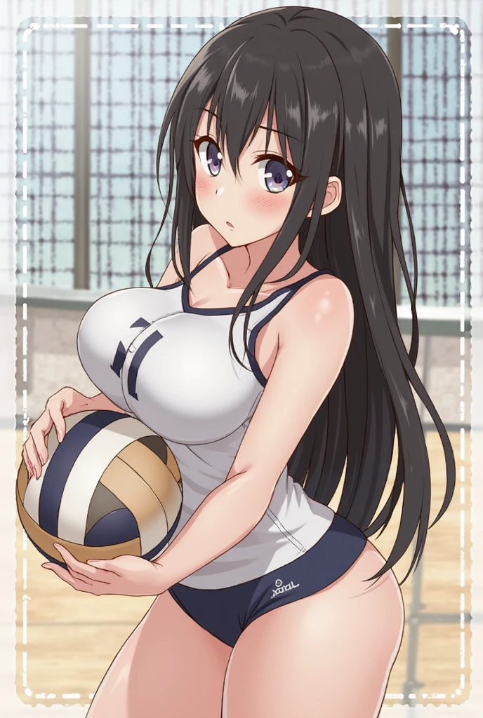 (best quality:1.4), (ultra highres:1.2), (8k, RAW photo:1.2), manhwa-artstyle, 1girl, solo, long hair, looking at viewer, smile, black hair, purple eyes, Perfect Hands, ponytail, 1girl solo, /(volleyball uniform/), bangs, blush light smile, (masterpiece best quality:1.2) delicate illustration ultra-detailed, large breasts BREAK /(volleyball court indoors/)