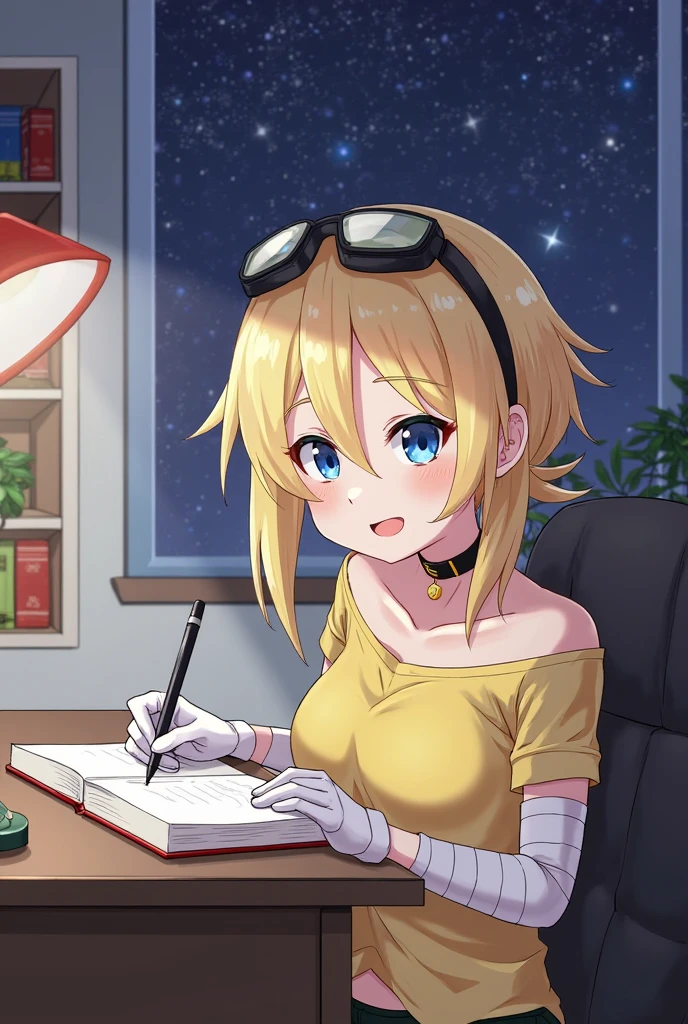 sitting, smile, holding pencil, <lora:namine_v1:0.7> aanamine, blonde hair, bare shoulders, white dress, <lora:kuroboshi_kouhaku_style_v01:1>, absurdres, ultra detailed, masterpiece, best quality, aesthetic, detailed,