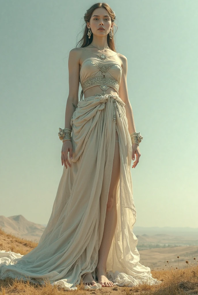 (Emma Watson) long hair, big breasts, sexy body, wearing ancient Egyptian dress sexy slit, sexy cleavage, in the desert