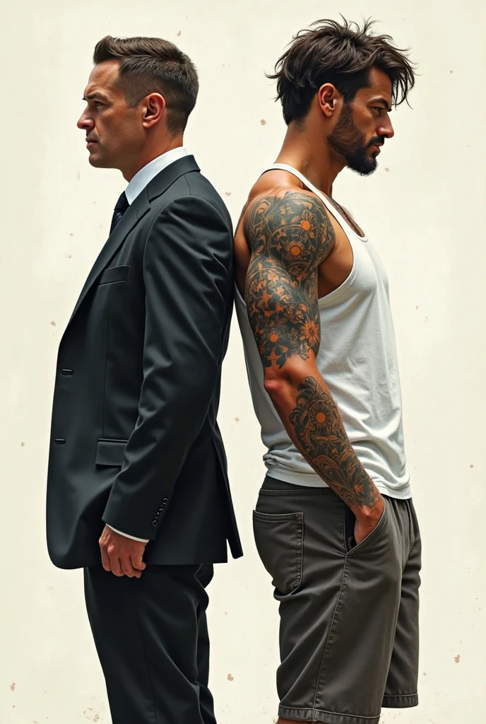 An Asian man, wearing no shirt, with tattoos, muscular and tall, back to american man, with formal clothes, They have their backs to each other

