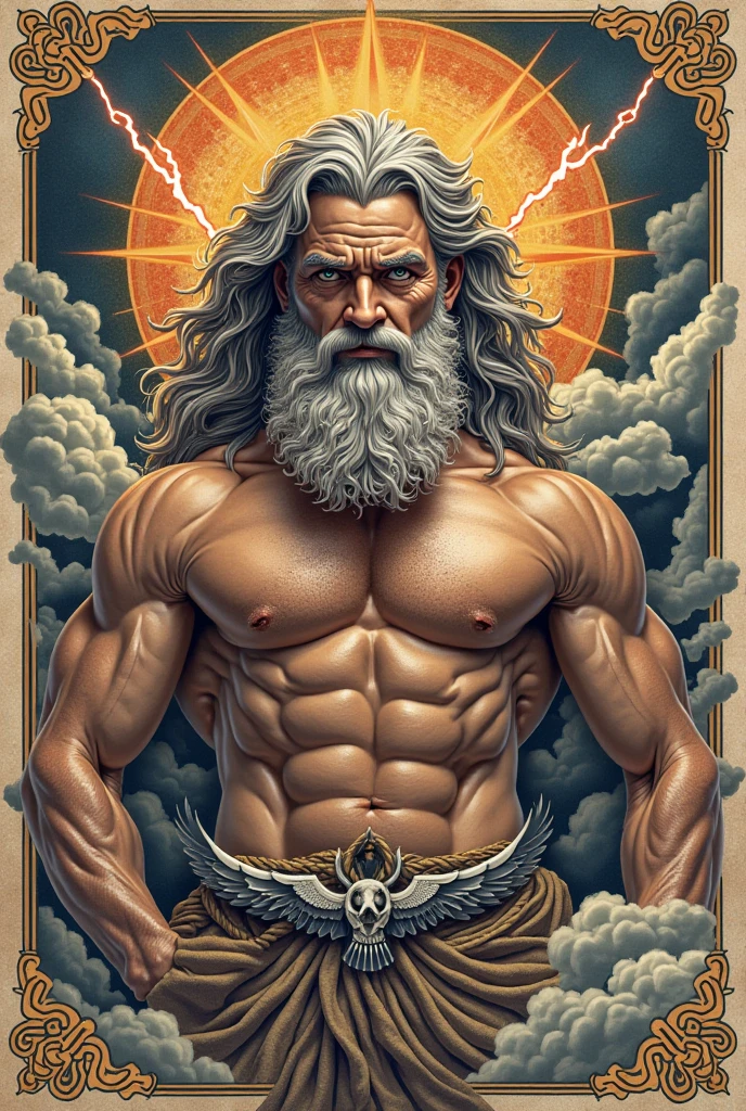 painted portrait of stout zeus, god of thunder, greek god, blond hair, male, mature, handsome, upper body, muscular, hairy torso, fantasy, intricate, elegant, highly detailed, digital painting, art station, concept art, soft, sharp focus, illustration, art by Gaston Bussiere and Alphonse Mucha