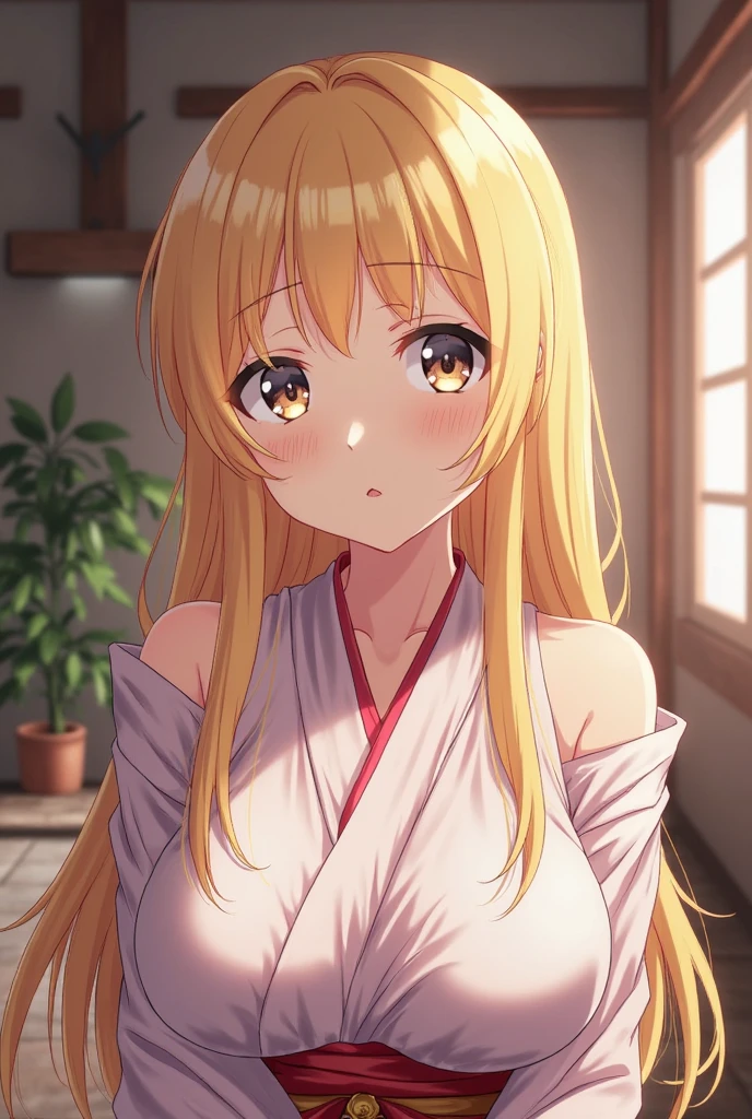 Inside,(night),Japanese-style room,steam,Rika Jougasaki,Yellow and orange hair hoop, yukata,undressing,blush,,blush,(naked),((Small breasts)),