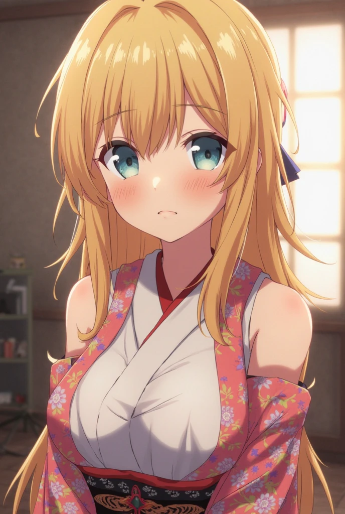 Inside,(night),Japanese-style room,On the futon,Rika Jougasaki,Yellow and orange hair hoop, yukata,undressing,blush,,blush,(naked),((Small breasts)), smile,spread her pussy