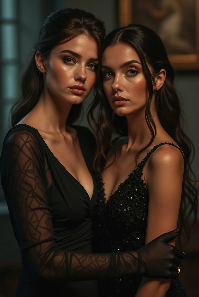 mia malkova, adriana chechik, 2 beautiful women, detailed portrait, sensual expressions, flawless skin, intense gaze, long hair, curvy figures, (best quality,4k,8k,highres,masterpiece:1.2),ultra-detailed,(realistic,photorealistic,photo-realistic:1.37),studio lighting, chiaroscuro lighting, dramatic shadows, rich colors, cinematic composition, editorial fashion, glamour, elegant, sophisticated