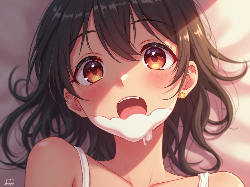 best quality,(masterpiece:1.3),absurdres,highres,16k, ultra high res, official art,illustration,extremely detailed, nsfw, (veiny penis:1.0), (midium penis:1.2), (testicles:1.1), (1boy:1.3, (fellatio:1.6), (oral:1.0), (kiss), (erection:1.2), solo focus, (from below looking up),Blur the background, , (beautiful detailed eyes), (1girl),(solo),(idolmaster), ((())), (16yo, beautiful girl), (beautiful brown eyes),((((beautiful black hair)))), ((long straight hair)), (wet hair), (wet skin), ((sweat)), ((steam)), (((flat chests,large breasts))), (one eye closed), ((black bra and panty:1.3)), (perspired:1.2), (pubic hair:1.3),(cum on mouths:1.2),1girl have kneeling,bed room,night time, breasts, nipples, nipple slip, pussy, pussy slip,(embarrassed,evil smile), open mouths,one eye closed,((tongue out)),deep breathing,((cum on mouth:1.2)),((bukkake:1.5)),(peace sign:1.5),