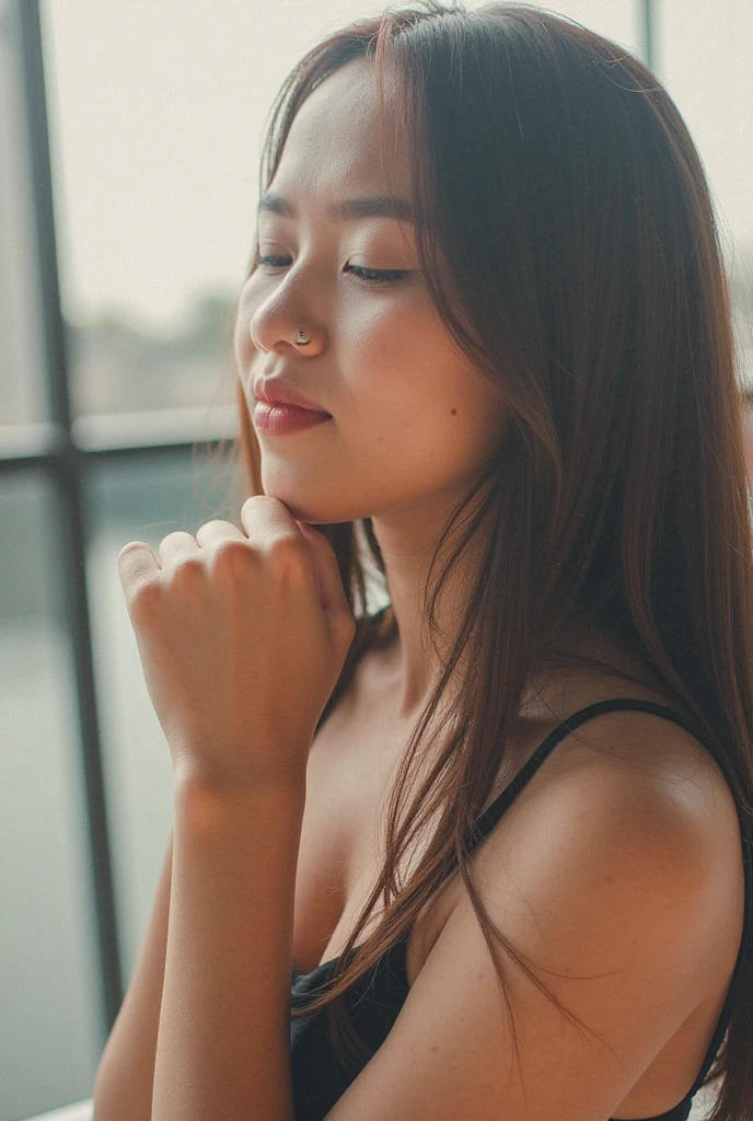 Model shooting style, photo, single girl, ((Perfect face: 1.3)), (White skin: 1.5, Large breasts: 1.5, kneeling), top quality, (Sony A7, 50 mm, pores: 1.5, Hyper Detail A: 1.5, Film particles: 1.4, RAW, (from above: 1.5)), ultra-realistic textures, masterpiece, Unreal Engine 5, High definition CG Unity 8k wallpapers, high-definition photos, surreal darkness, (Pulitzer Photography Award and Taylor Wetting Photo Award), (parted lips:1.2), (covering eyes:1.2), (heavy breathing:1.2), ,selfie,