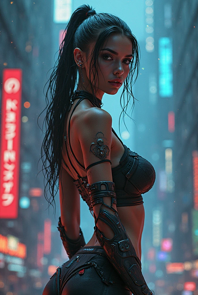 il y a une femme debout avec une lumière arc-en-ciel, 3D Neon Body Art&#39;une femme, neon-black background, cyberpunk femme fatale, seductive cyberpunk dark fantasy, clubs de strip-tease cyberpunk, cyberpunk 20 ans. Oh model girl, oppaï cyberpunk, banner, high definition cg company, Chef-d&#39;work of the CGsociety, tendance sur cgstation, kda, thigh-shot