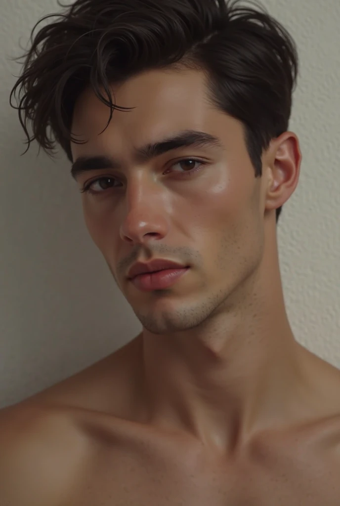vogue photography,Handsome and strong male model standing in glass bathroom showering,Sweaty,Tie-up long curly black hair,A little beard, Healthy complexion, Strong, big shadows,Strong chiaroscuro,Handsome muscular male model, editorial model, very very roberto ferri, steven klein, underwear ad, Strong mature male, inspired by Adrian Zingg, alex kanevsky, Danila Tkachenko, Melt Arras and Marcus Pigot, Open V chest clothes, vman magazine, Healthy skin and roughness