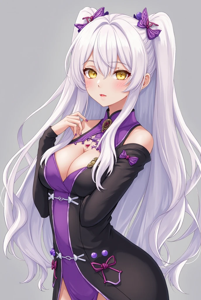 huge , smile, busty, kimono, cleavage, silver hair, blue eyes, long hair, milf, upperbody,