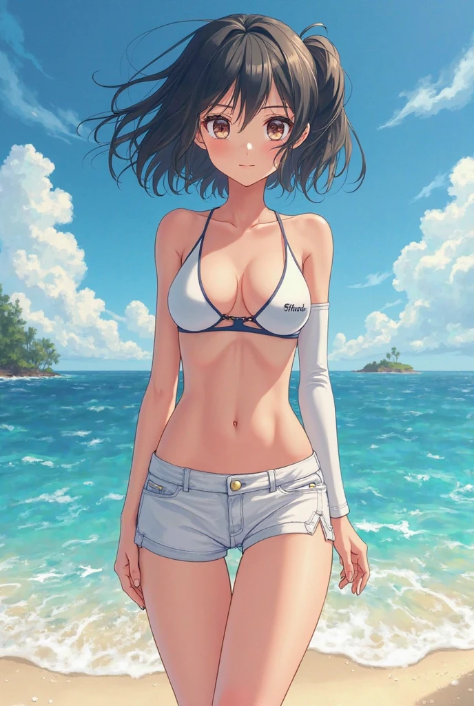 {best quality},Ocean、black hair short cut、woman、beautiful breasts、white-Skirt-style-bikini、radiant smile、Low angle 、cowboy shot