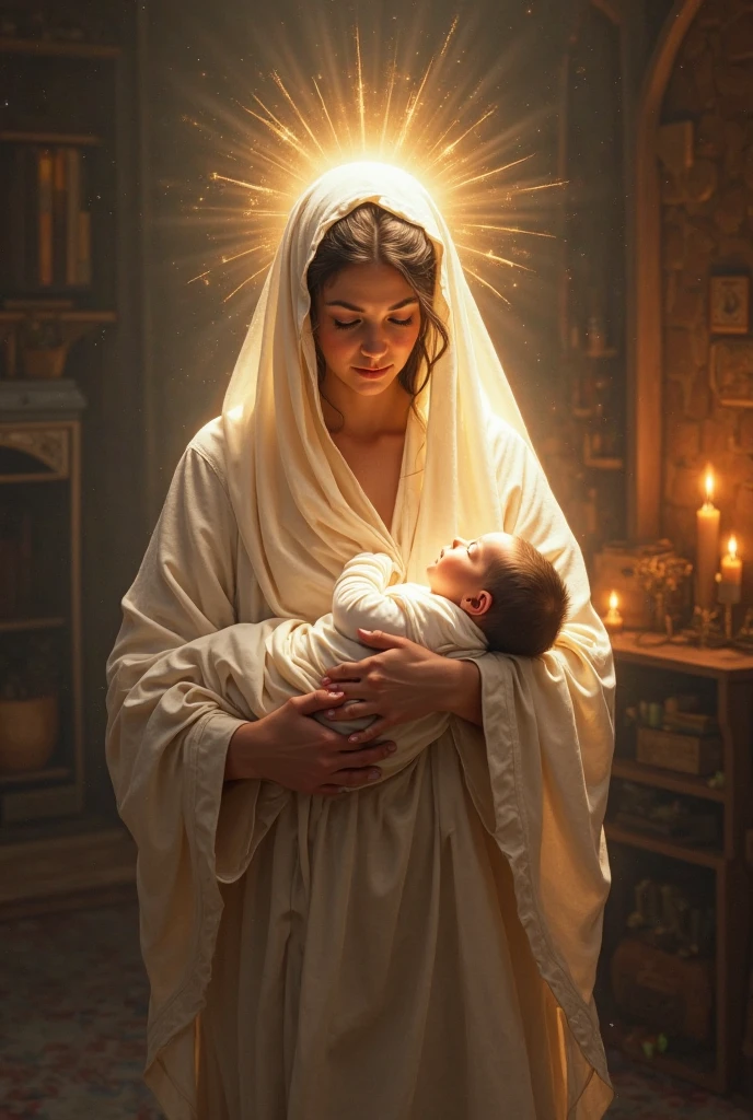 full halo showing above image of Mary cradling the baby Jesus. She is dressed in a plain blue and white robe,to her feet, and a light veil covers her hair. eatheral background. Both have full halos over their heads