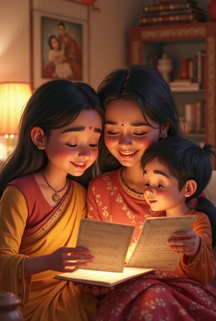 Reading the Final Letter and Discovering the Necklace
**Visual**:
- Close-up of the final letter being read by Sunita, with expressions of amazement.
- The golden necklace being examined closely, highlighting its beauty and craftsmanship.
- The kids’ faces filled with satisfaction and wonder.
- A soft glow surrounding the necklace, emphasizing its significance.