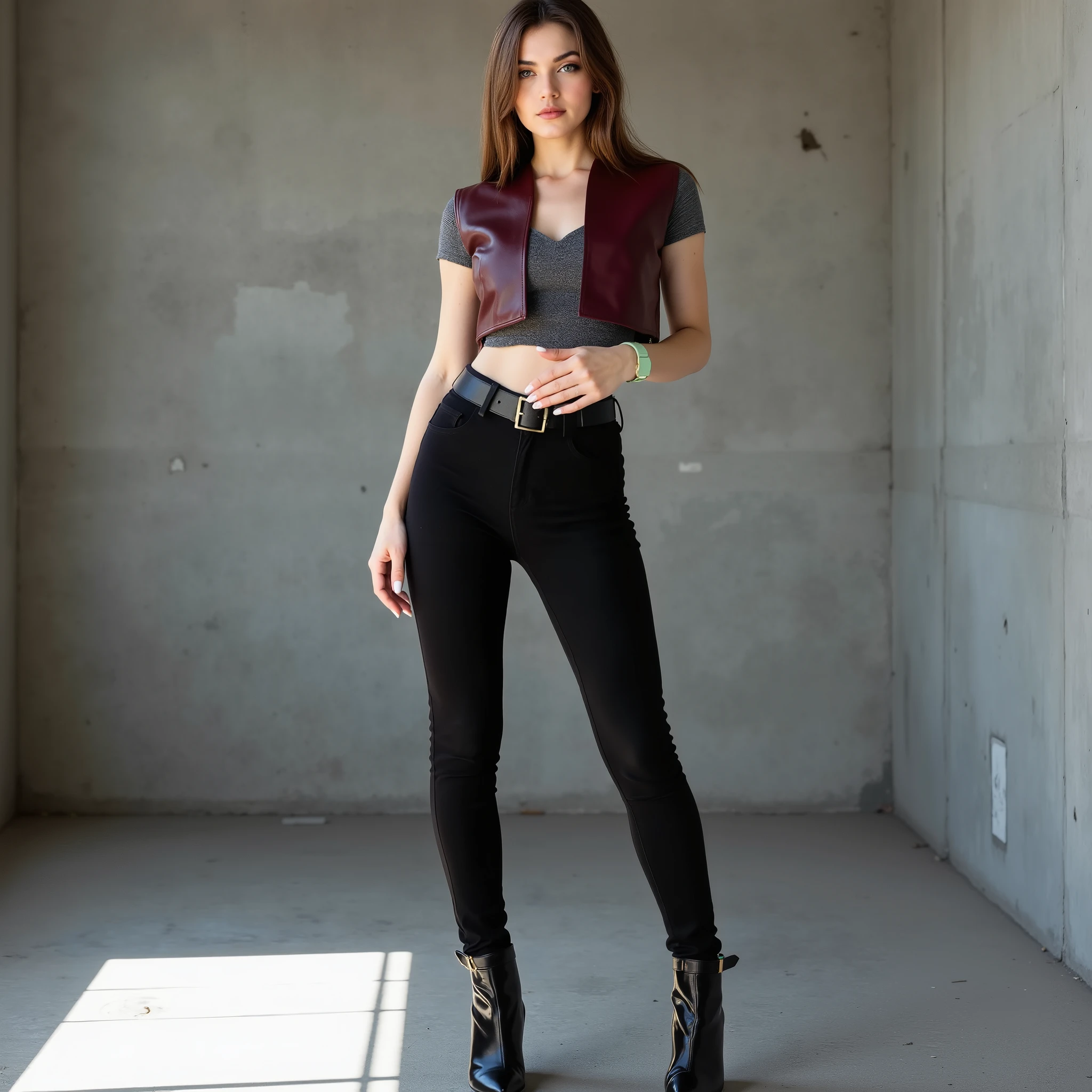 photoreal full-body shot of a pale-skinned white european woman, sharp black eyeliner, piercing blue eyes, sleek shoulder-length brunette hair with side part; wearing a tight cropped burgundy leather bolero vest with angular short sleeves, layered over a rough grey sleeveless top with raw hem; ultra-tight high-waisted black jeans, wide black studded belt with no visible buckle, glossy black high heel booties with zippers, light green plastic watch

standing in a concrete photo studio with harsh daylight and sharp shadows; camera angle low, placing viewer below her waist; dominant pose — legs apart, pelvis forward, one hip cocked; one hand gripping the belt, the other relaxed but charged; leaning in on viewer, invading space

expression cold and commanding, eyes locked directly onto viewer, face close, radiating physical intimidation and sadistic control through posture and gaze
