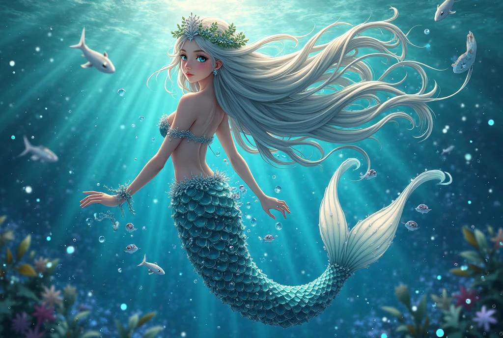The lower body of the fairy tale princess is a silver-white mermaid tail. The little mermaid has long silver-white wavy curly hair.(Piao Yang dynamic)The little mermaid with splashes and bubbles in the water and a silver-white fish tail wears a crown on her head. Her smile exudes innocence, happiness and ethereal fantasy. (masterpiece),
A very cute and beautiful little mermaid girl Q version , Stunning art style of underwater mermaids, 美丽的动漫风格 豐富細節 masterpiece
( Perfect anatomical structure ) Beautiful and extremely fine texture,detailed, bright, High-definition and high-quality animation style presentation