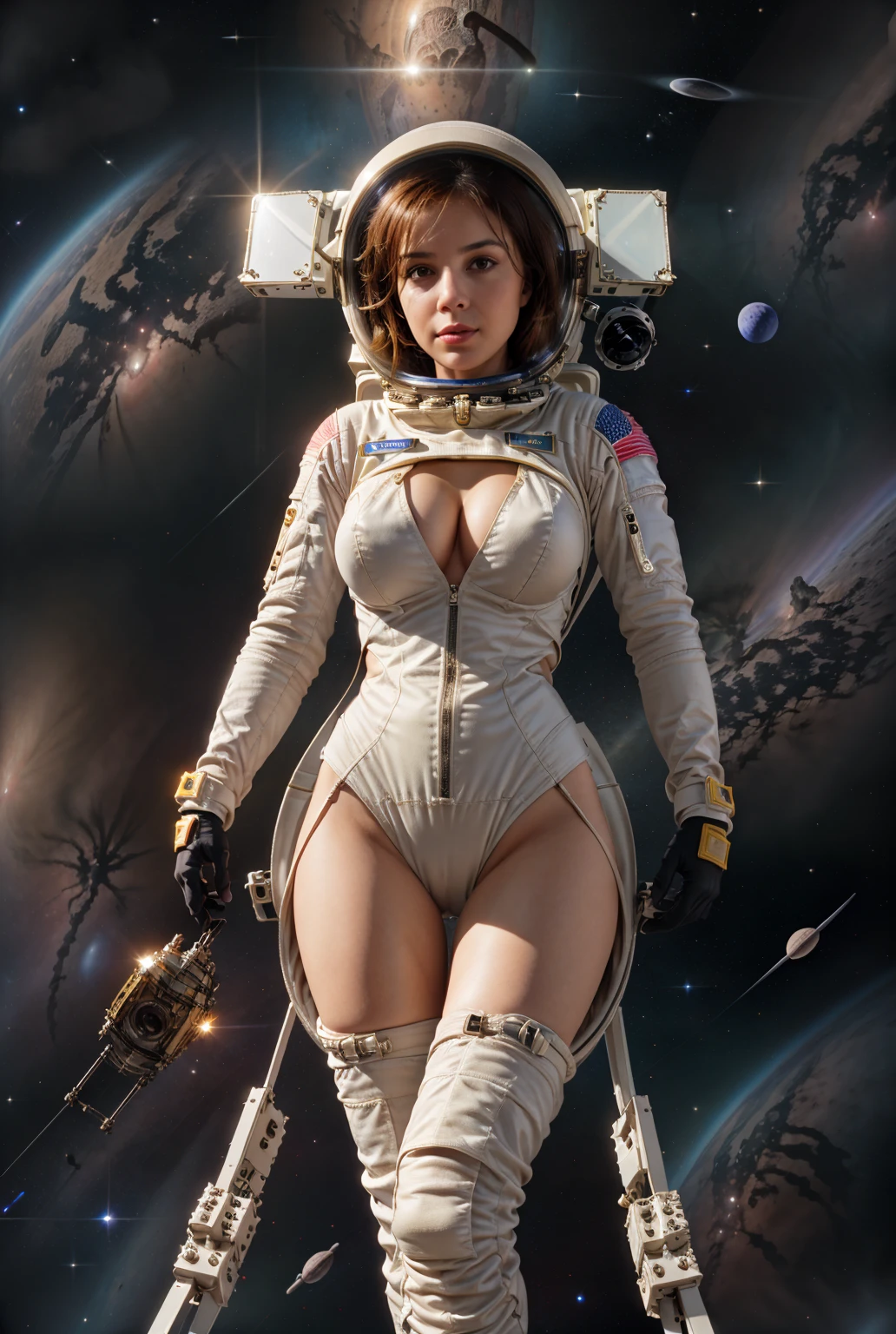 (masterpiece, top quality, best quality, official art, beautiful and aesthetic:1.2), (1girl:1.3), light freckles, fair skin, extremely detailed, portrait, looking at viewer, solo, (full body:0.6), detailed background, close up, (bright space pinup theme:1.1), busty 1950's pinup brunette space girl, charlatan, smiling, happy, mysterious, spacewalk, modest attire, white and orange space suit, spacesuit, helmet, bodysuit, ray gun, long boots, pouches, jetpack, glass helmet, rocket ship, ((((on the moon, space helmet, narrow hips, slim sexy body, gigantic breasts)))), slim waist, slim hips, long legs, futuristic (American flag, lunar surface, on the moon, moon exterior:1.1) background, dark mysterious lighting, shadows, magical atmosphere, dutch angle,