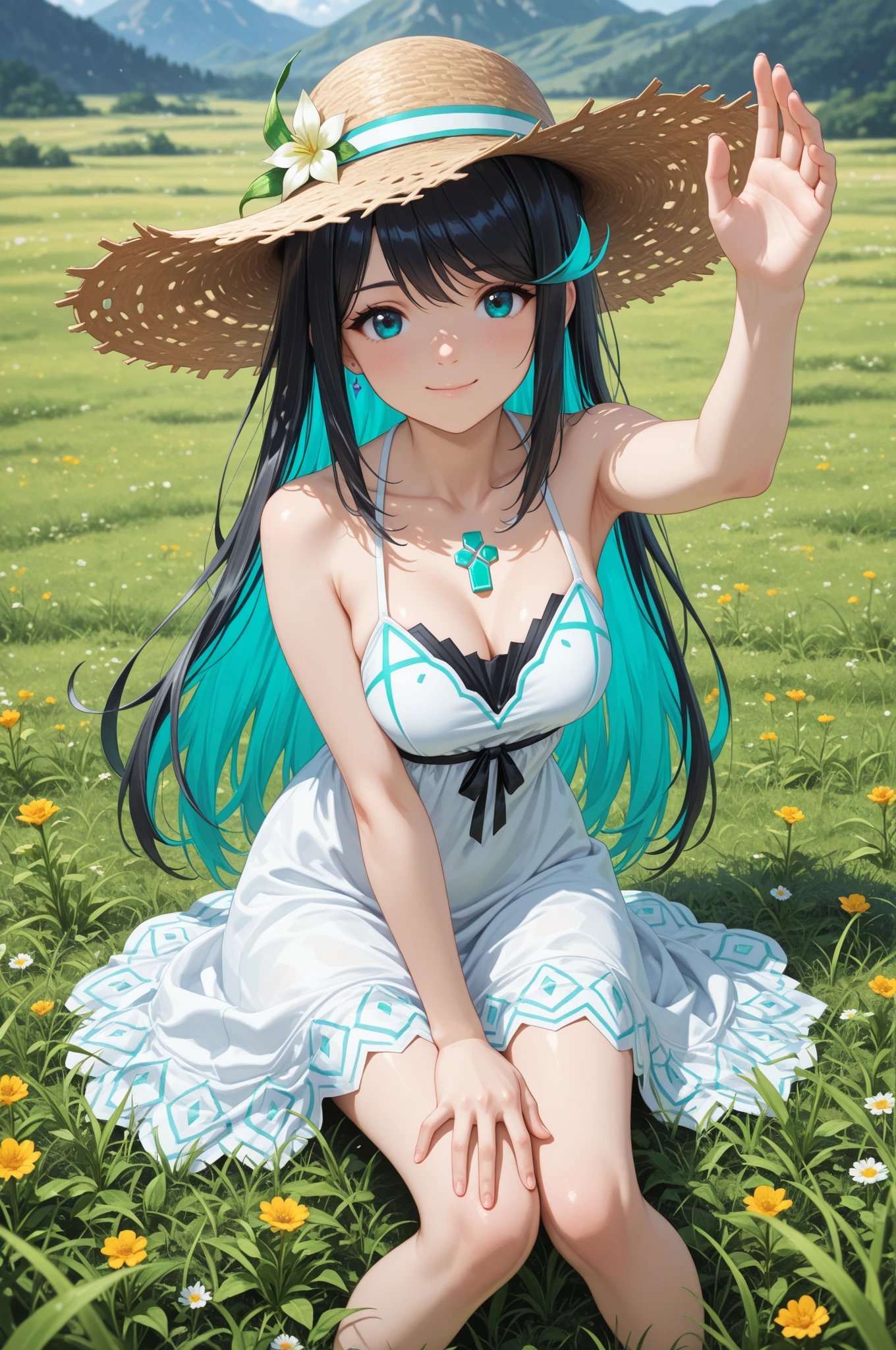 最high quality、Best image quality、masterpiece、With a girl((cute、15 years old、Best Bust、Medium Bust、Bust 85,Beautiful Blue Eyes、Spread your chest wide,Black Hair、Slender、The best valley、、Blue sleeveless shirt、White shorts,Show the whole body、Blue Mesh,Leaning forward greatly、Blue hat、Blue flower hair ornament,Face Paint,smile))high quality、Beautiful art、background((summertime、White table、White chair、shaved ice、)),Tabletop、Exquisite design、Visual Arts、Depth of written boundary、Best lighting、Highest detail、8k