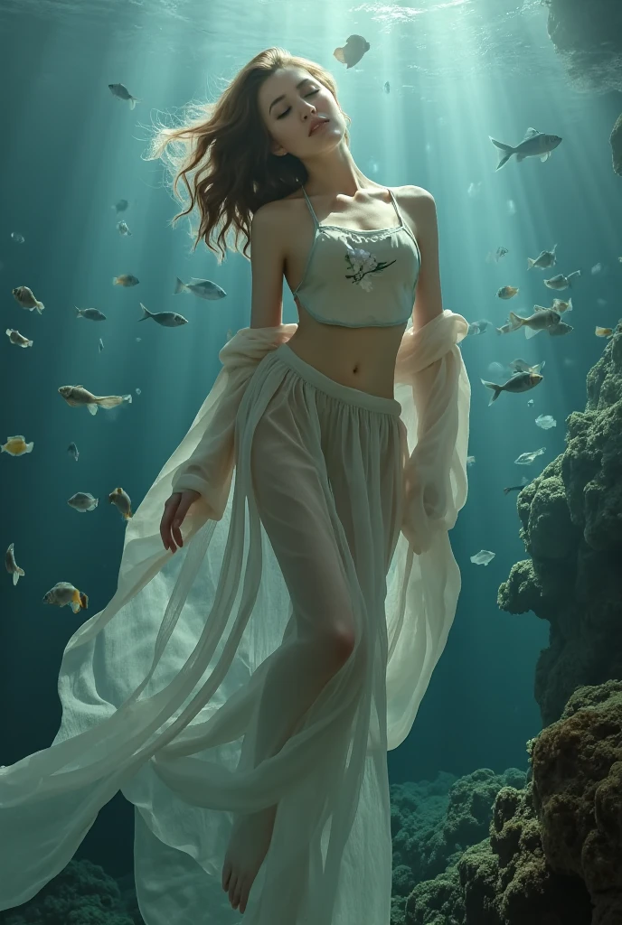 Best quality,tmasterpiece,Partial underwater photography,Reflectors,Blonde 1.3 ,Messy hair floating,slimfigure,Hanfu,long leges