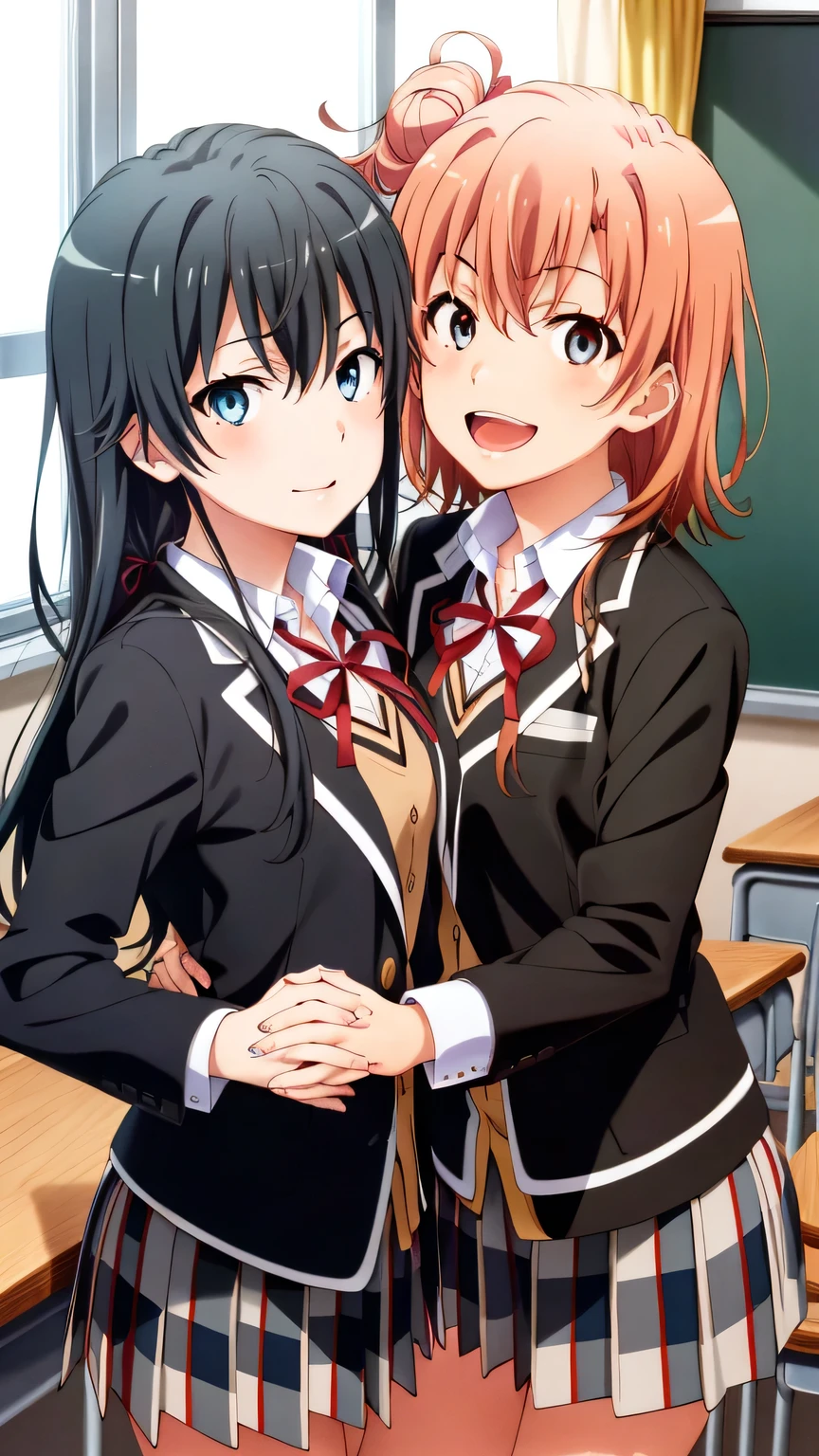 2 girls , Yukinoshita Yukino , Yuigahama Yui , waltz dance , school uniform,check skirt,((check skirt捲れる)),(white panties),(pink panties),