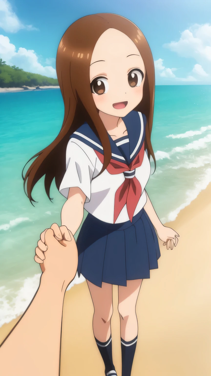 {{{masterpiece}}}, (best quality:1.5), (ultra-detailed:1.5), {illustration}, {{an extremely delicate and beautiful}}, (beautiful detailed eyes:1.6), absurdres, highres, extremely detailed face, 16k, hd, visual anime de uma jovem mulher, extremamente bonito rosto de anime, anime melhor garota, (perfect hands, perfect anatomy), (five fingers:1.3) anime face, Takagi-san(Teasing Master Takagi-san), 1girl, solo, cute face, long hair, brown hair, parted bangs, sidelocks, flushed cheeks, (brown eyes:1.3), (High resolution eyes, Beautiful eyes, Light in the eyes), medium breasts, big hips, curvaceous, BREAK, {serafuku}, collarbone, white shirt, short sleeves, blue sailor collar, red neckerchief, pleated skirt, blue skirt, black crew socks, BREAK, (pulling pov:1.3), looking at viewer, smile, open mouth, solo focus, (holding one hands:1.5), pov, pov hands, from behind, cute face, smiling, outdoor, sky, sea, evening, beach, nicebeach, waves, (cute gestures:1.2), mysterious, (fluttering skirt:1.3)