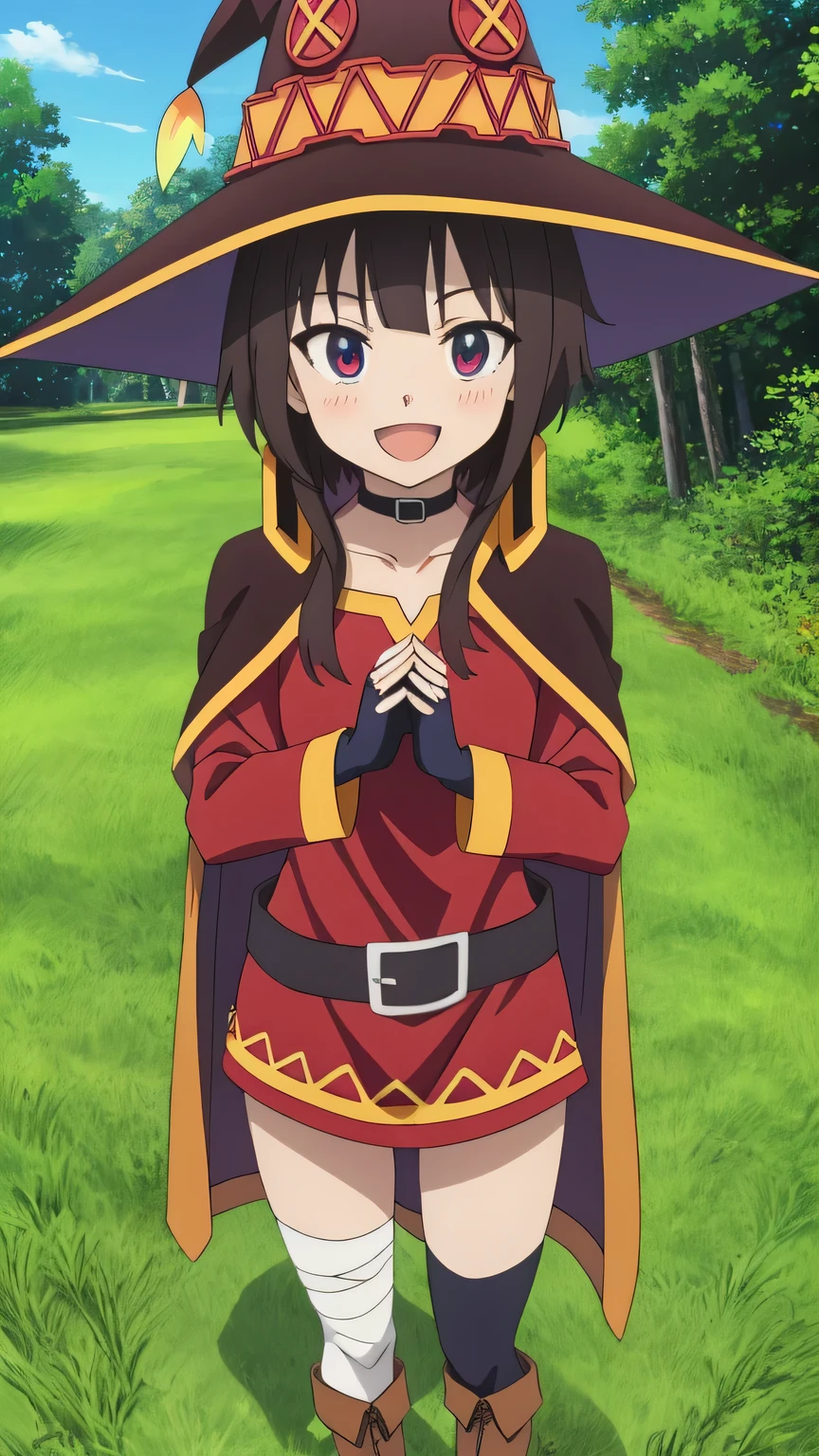 {{{masterpiece}}}, (best quality:1.5), (ultra-detailed:1.5), {illustration}, {{an extremely delicate and beautiful}}, (beautiful detailed eyes:1.6), absurdres, highres, extremely detailed face, 16k, hd, visual anime de uma jovem mulher, extremamente bonito rosto de anime, anime melhor garota, (perfect hands, perfect anatomy), (five fingers:1.1) anime face, Megumin(konosuba), megumindef, cute face, short hair, black hair, sidelocks, red eyes, small breasts, thin waist, big hips, curvaceous, BREAK, witch hat, Red clothes, long sleeve, black cape, fingerless gloves, black choker, black belt, Asymmetrical socks, bandage socks on right leg, black high socks on left foot, brown boots, thighs, zettai ryouik, BREAK, INCOMING HUG, INCOMING KISS, (own hands clasped:1.2), blush, sorriso alegre, open mouth, visual anime de uma jovem mulher, extremamente bonito rosto de anime, anime melhor garota, sorriso astuto, outdoor, sky, daytime, forest, flower field, from above