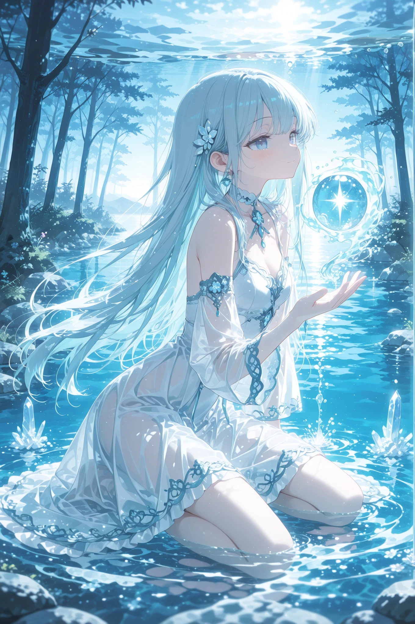 A close view of anime teen girl, ((((sitting on the grassin a forest full of trees)))), (mostly naked), barefoot, cinematic light, skin is perfectly white, soft, and smooth, ((no nsfw)), Extremely delicate and beautiful CG illustration, small thigh, slim body, best quality, high resolution, dynamic angle, full-length lens, ((1 girl)), (detailed eyes), soft light, high-key lighting), glowing light, feathers fluttering background, blue crystal, ((blue glowing ring around her ankle)), (((wearing nothing but a white (transparent) tank top)))