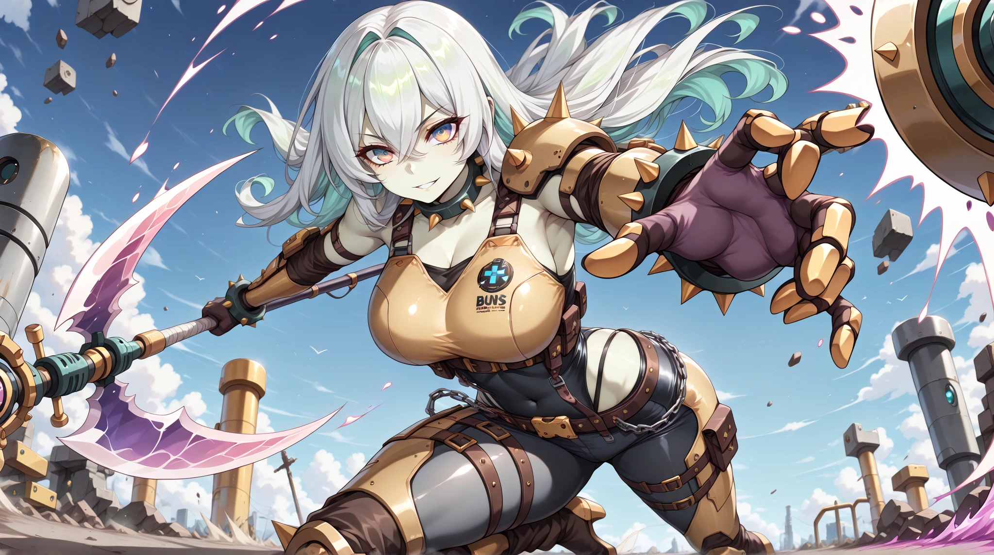 (Best Quality, Ultra Resolution: 1.0),(Photorealistic, Ultra Detail, Clear Focus 1:0), 1girl, solo, beautiful pretty cute small face, (1girl:1.3), Mature, woman, short hair, bangs, sadistic smile, evil smile, teeth, insane, smug, grin, ((hair over eyes:1.5)), white hair, one side up, perfect body, biomechanical oppai, underboob, long sleeves, varia suit, samus, samus aran, power suit, power armor, metroid prime, exposed breasts, large breasts, no bra, thigh highs, high thigh highs, tabard, exposed, cyberpunk, cyborg, cyborg woman, cybernetics, cybernetic, robot, robotic arm, robotic leg, greaves, cups, pauldron, belt, backpack, bolter, boltgun, boltpistol, Adepta sororita, sister of battle, battle nun, nun, paladin, Shiny, warhammer 4 0 k, Warhammer fantasy, 2b, wh 4 0 k, warhammer 4 0 k fantasy, warhammer 40k, WH40K, w 4 0 k, looking at viewer, ((aiming at viewer)), (holding pistol, handgun: 1.5)