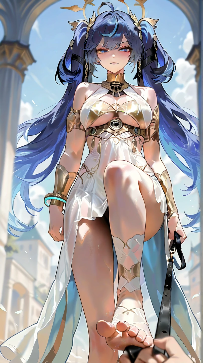 (masterpiece, best quality, high resolution, ((full body standing)), ((huge breasts))1 beautiful woman, goddess Athena, very long silky blue hair, pink lips, full body Greek fantasy dress, fantasy greek jewelry, fantasy greek helmet, bagulo and shield of Athena in gold hands, serious
