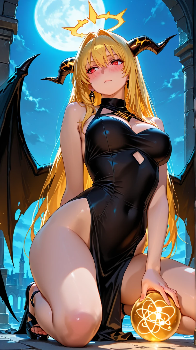 Beautiful woman of the dragon tribe、Golden hair with big wings。Half human woman and half dragon with a dragon-like tail、((Finest quality)),(超A high resolution),(ultra-detailliert),((Best Anime)),sharpnes,Clair,Art with astounding depictions,Glamorous atmosphere:1.4, (Golden gorgeous embroidery on red leather BDSM,Limbs are 2 pairs,skirt by the,Woman with long black hair,)),