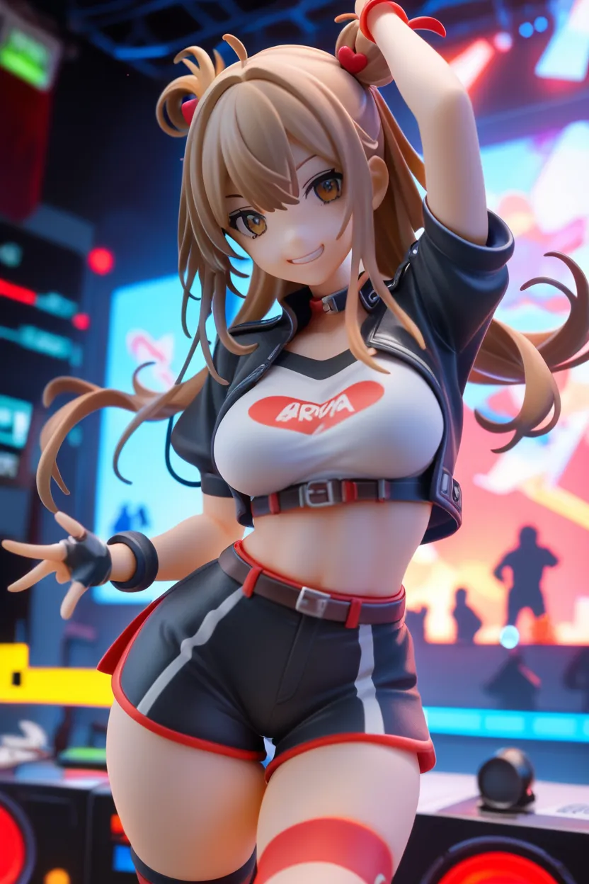 8k, masterpiece, best quality, realistic, higly detailed, cowboy shot, 1girl, solo, miku, emotionless looking girl, medium-length red hair, strands of hair hanging over the right side of her face, a set of wireless headphones that have a triangle-shaped logo on the ear cups around her neck, dark blue eyes, average height, well-endowed figure, large breasts, bangs cover her right eye, Soccer Player