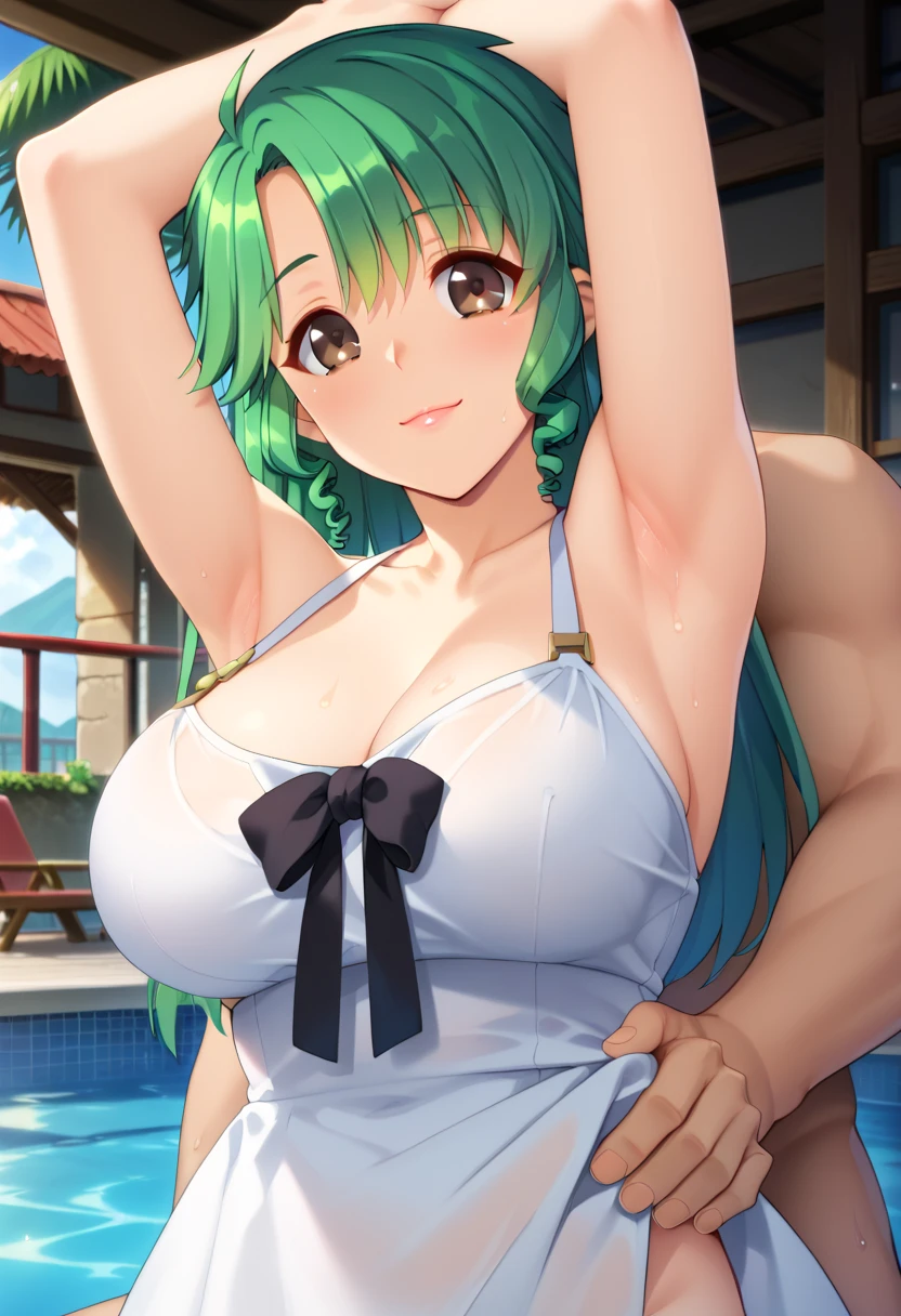 mastute piece,Best Quality,insanely detailed,8k cg,nsfw,
(shoot upper body:1.3),
(1girls:1.3),standing,looking at viewr,body in front,(((both arms behind back:1.4))),(Hide your arms behind your back:1.4)、(Boobs exposed:1.4)、(navy blue school swimsuit:1.2),(bare breasts:1.4),BREAK,
blush,shy,(ecstasy face:1.3),(trembling:1.2),BREAK,(light green hair:1.4),
BREAK,
perfect breasts,perfect teats,(open mouth:0.9),(large breasts:1.4),
(poolside),
