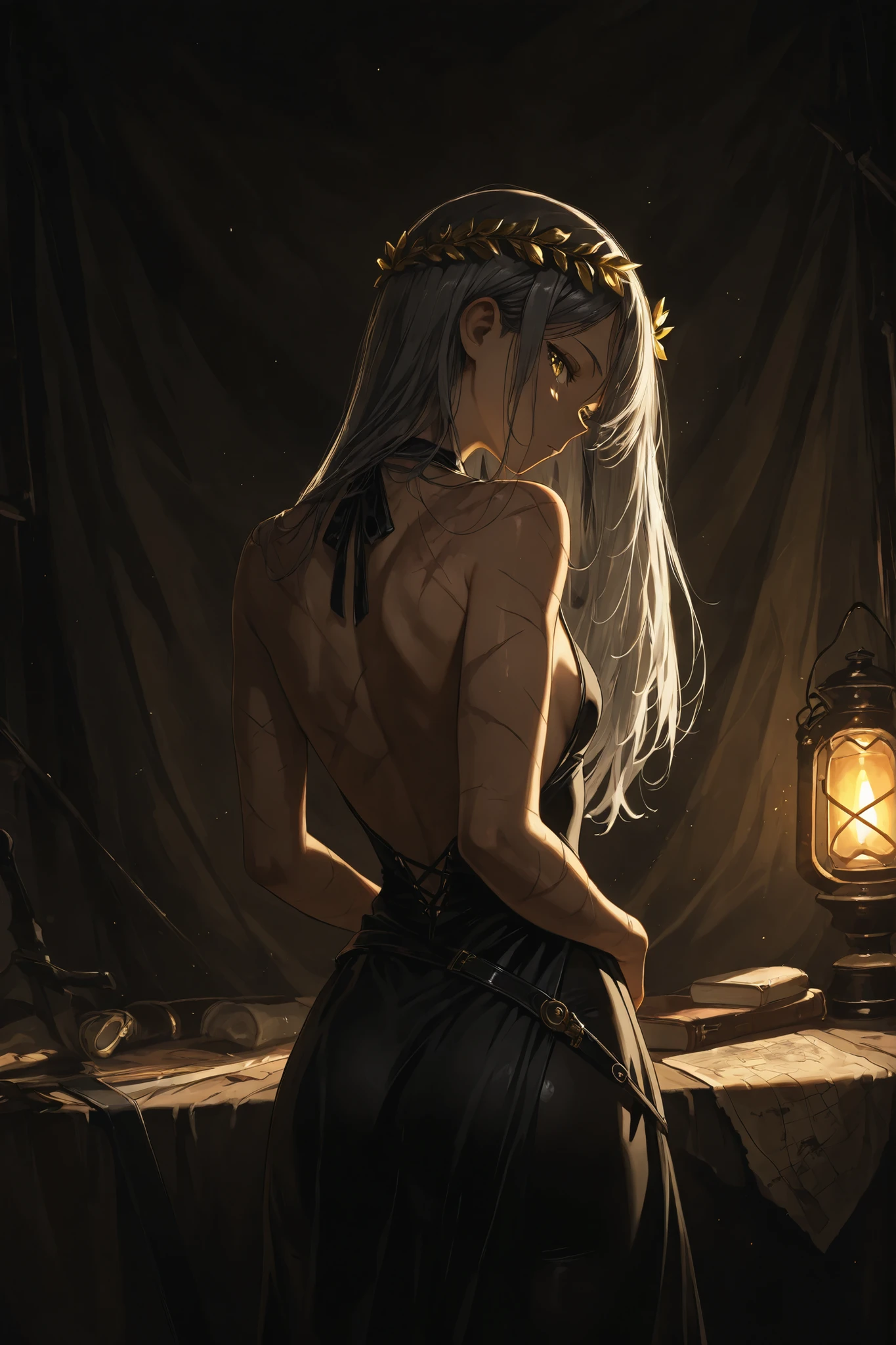 shibari,bdsm,(((shibari over clothes,rope,bound,restrained,against pillar))),pillar,alice,vampire,grey hair, long hair, red eyes, pointy ears, small breasts