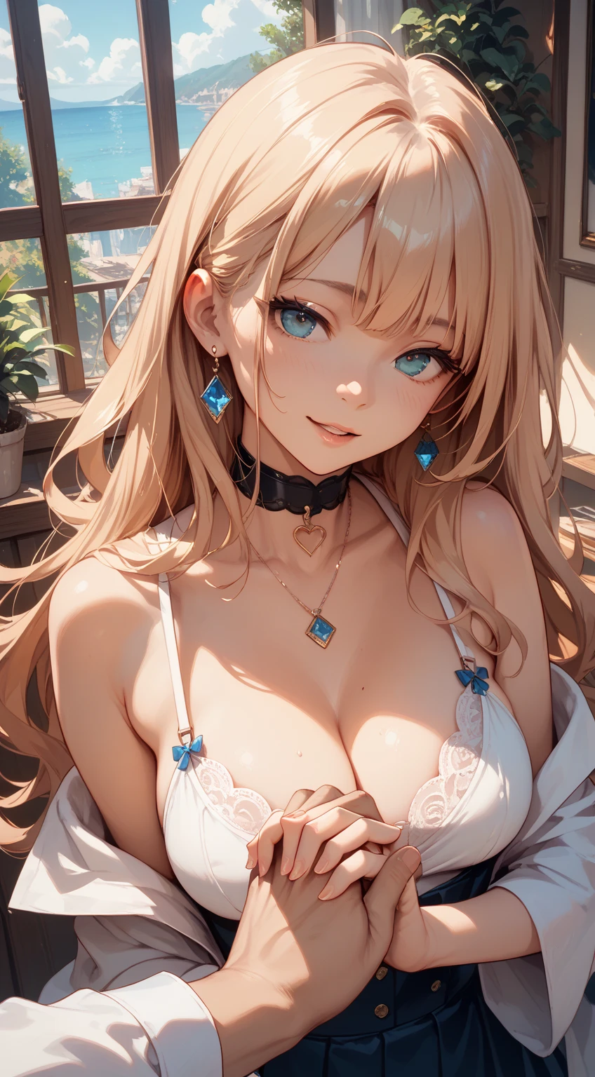 masterpiece, absurdres, best quality, ultra detailed, high Resolution, detailed illustration, bright colour, (extremely beautiful detailed face and eyes, Delicate beautiful face, 1 girl, 18yo, cute face:1.3), (magenta eyes:1.1), sparkling eyes, big eyes, (small breasts:1.2), (perky breasts:1.1), (pointy breasts:1.1), medium hips, glamorous body, white skin, BREAK, (blonde hair:0.8), messy hair, detailed hair, shiny hair, BREAK (casual dress with print:1.3), perfect lighting, (???????, vulgarity:1.5), (embarrassed:1.3), (Sexy pose:1.3),