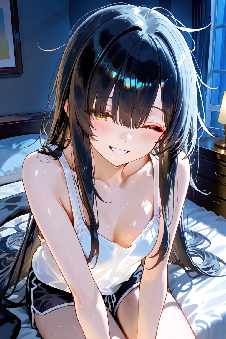 A mature woman with very long black hair with white highlights,white horns,green eyes, devil tail, lying on top of a boy with black hair,in a ((bedroom)), blushing girl,shy girl, medium breasts, ((night time)), black hair boy, 1boy, 1girl, ((couple)), grey eyes boy,naked Girl,((pov)), smiling