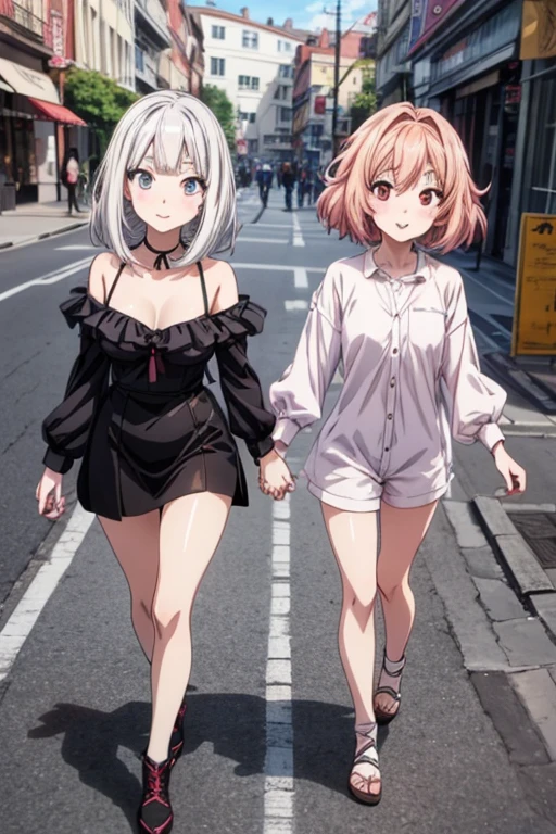 1 a woman, Wide hips, thick legs, with long stockings, a jeanz shor, White shoes, tight white t-shirt with neckline, aeboles park, dog animal next door anime zero two pink hair eating ice cream in the park