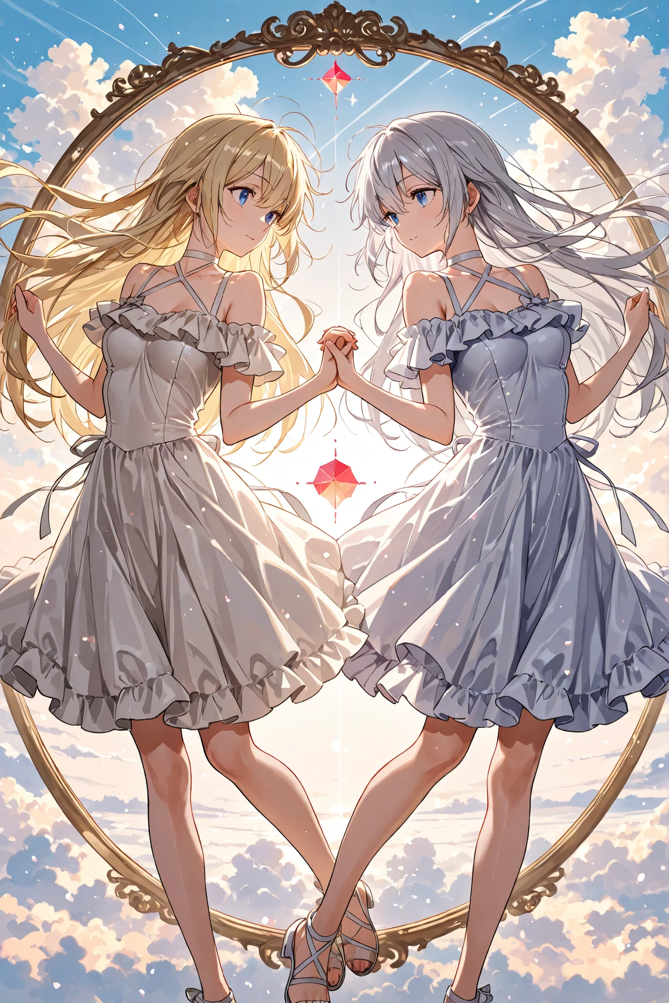masterpiece, top quality, Symmetrical Composition, Mirror Matching, Symmetrical structure , geometric, balance, anime style, high resolution, Super Detailed, 8k、Beautiful girl with blonde hair and beautiful girl with silver hair、Starry Sky、fantastic、 hold hands
